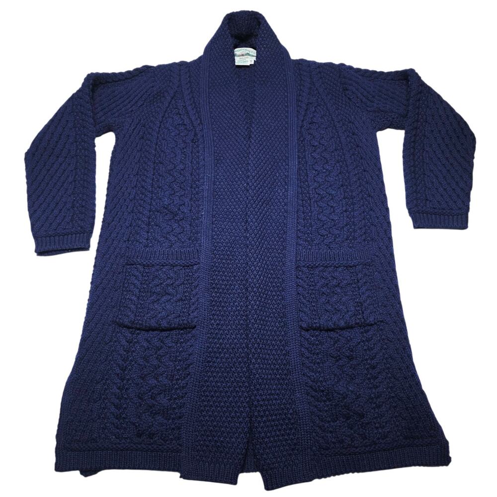 Aran Craft Ireland 100% Merino Wool Open Front Cardigan Sweater Blue Women Small